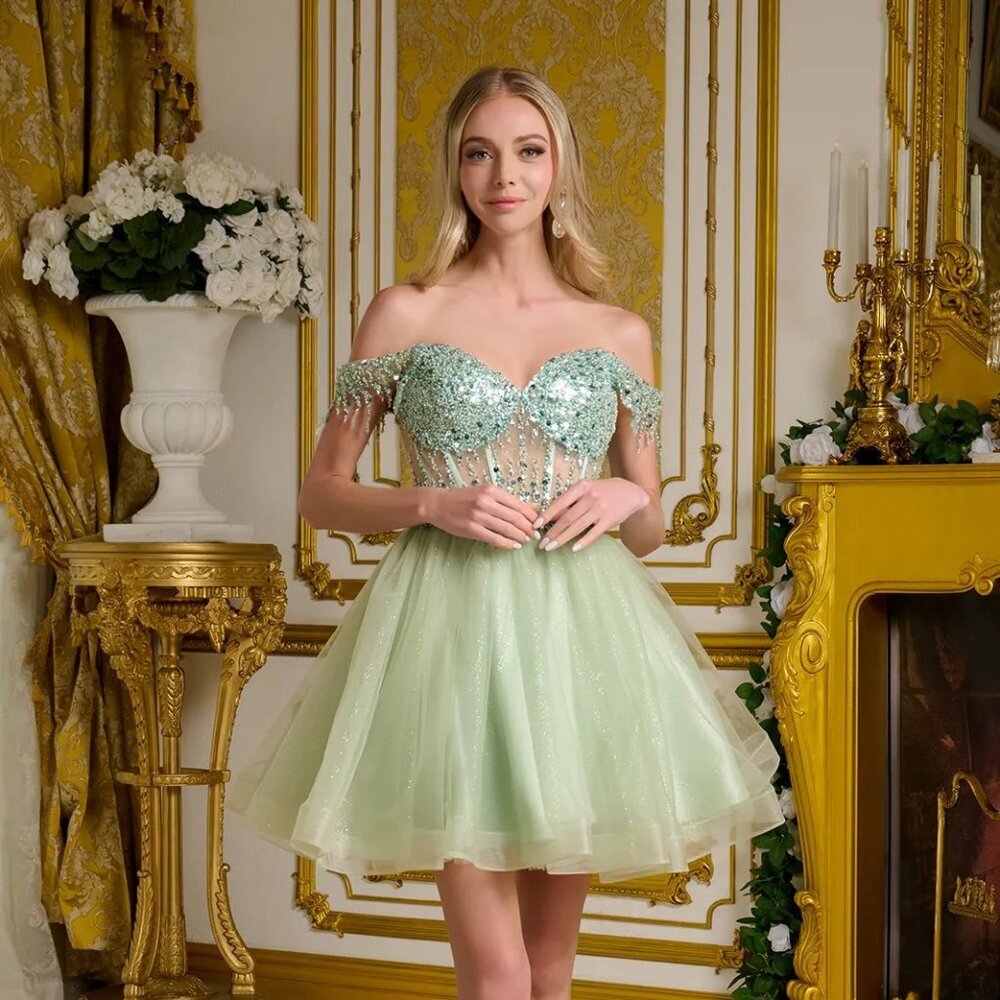 New Fit & Flare Off Shoulder Sequins Embellished Mini Cocktail Dress GL GS3634